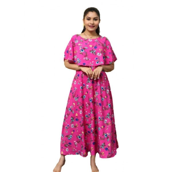 Dropship Women's Crepe Floral Half Sleeves Full Length Gown(Pink)