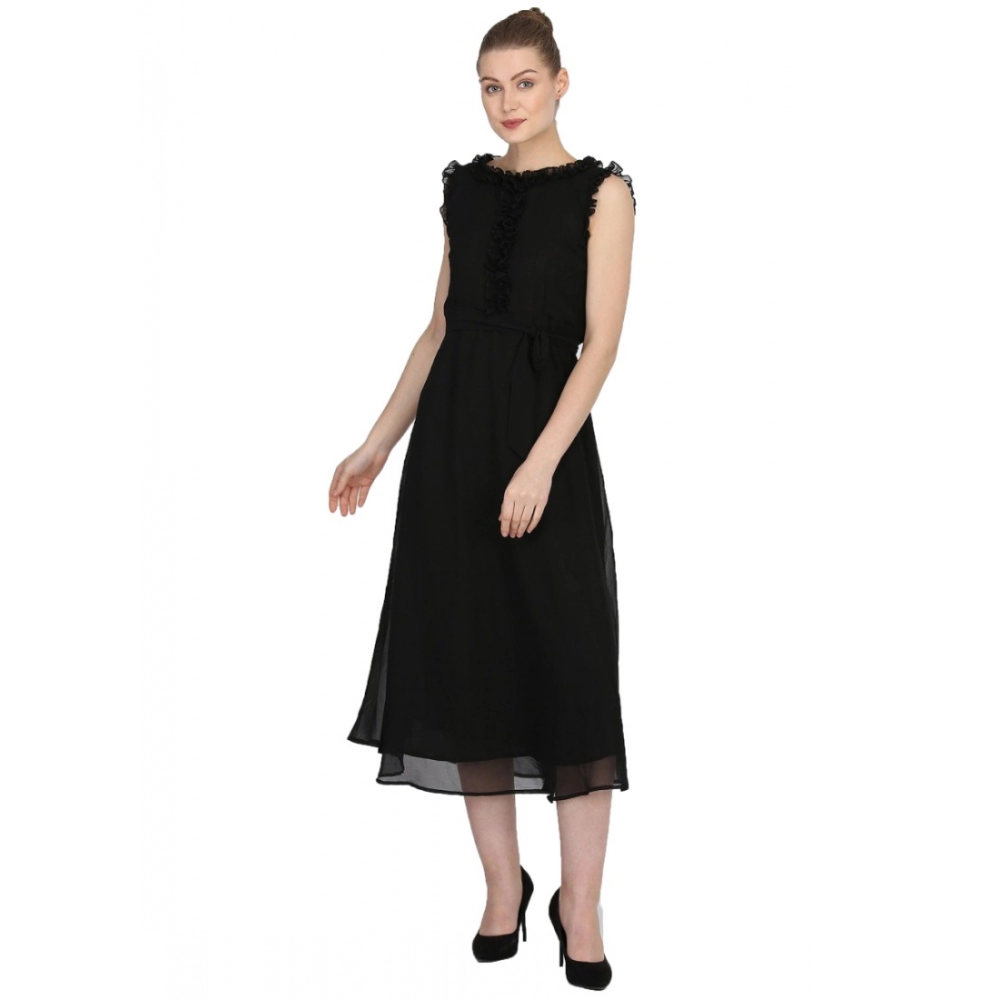 Generic Women's Georgette Solid Sleeveless Full Length Gown(Black)