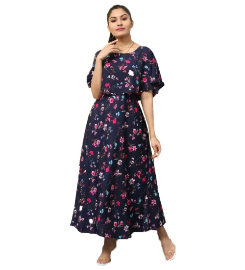 Women's Crepe Floral Half Sleeves Full Length Gown(Dark Blue)
