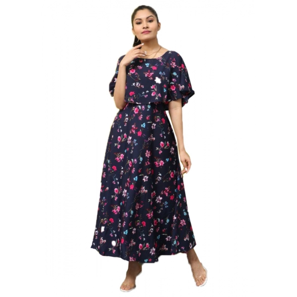 Dropship Women's Crepe Floral Half Sleeves Full Length Gown(Dark Blue)