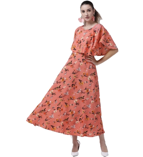 Women's Crepe Floral Half Sleeves Full Length Gown(Orange)