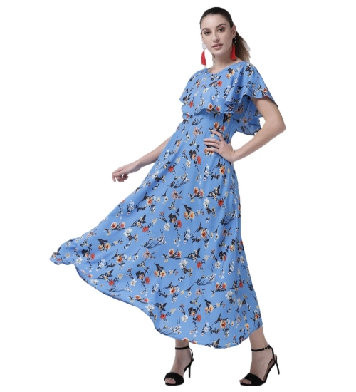 Women's Crepe Floral Half Sleeves Full Length Gown(Blue)