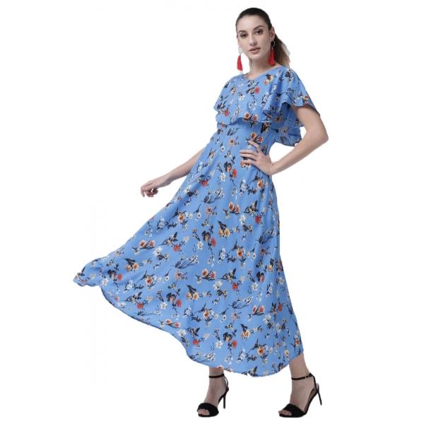 Dropship Women's Crepe Floral Half Sleeves Full Length Gown(Blue)