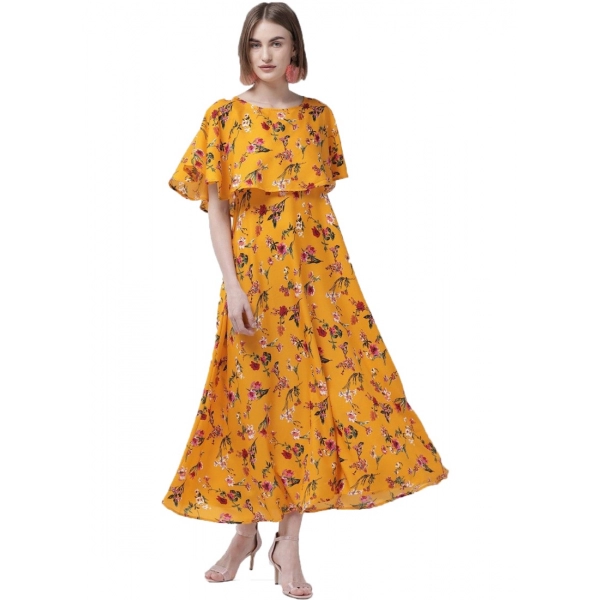Dropship Women's Crepe Floral Half Sleeves Full Length Gown(Yellow)