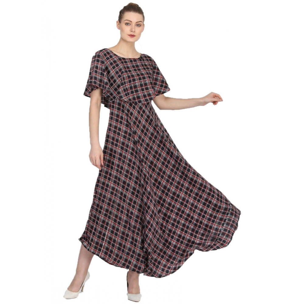 Generic Women's Crepe Checked Half Sleeves Full Length Gown(Multi)