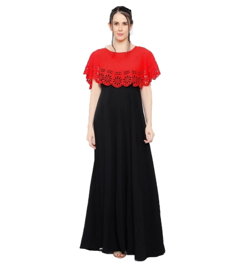 Women's Crepe Solid Sleeveless Full Length Gown(Red Black)