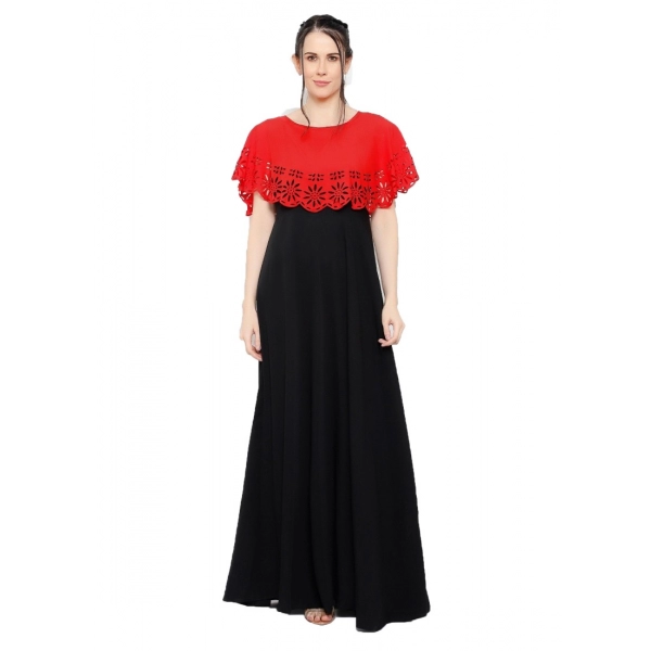 Dropship Women's Crepe Solid Sleeveless Full Length Gown(Red Black)