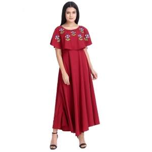 Generic Women's Crepe Embroidery Pattern Sleeveless Full Length Gown(Red)