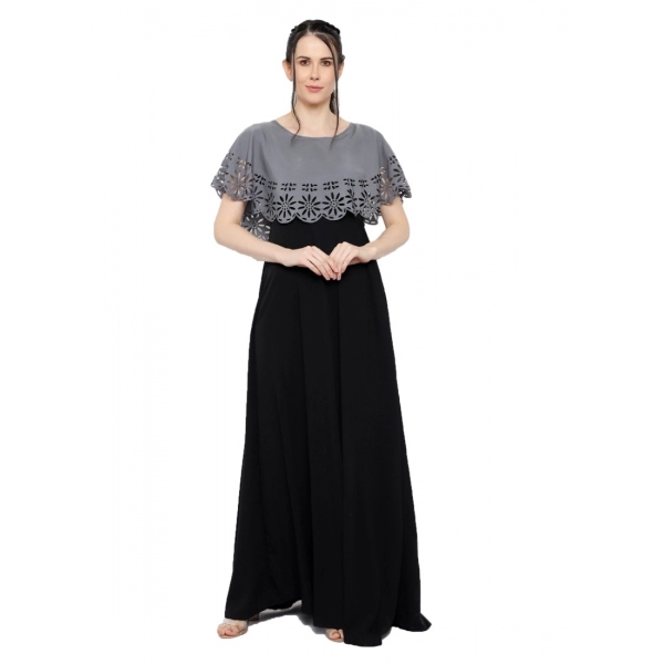 Dropship Women's Crepe Solid Sleeveless Full Length Gown(Grey Black)