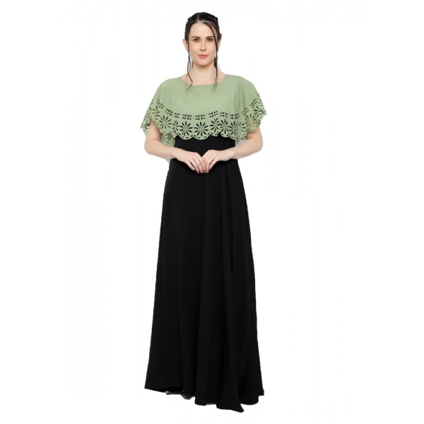 Dropship Women's Crepe Solid Sleeveless Full Length Gown(Green Black)