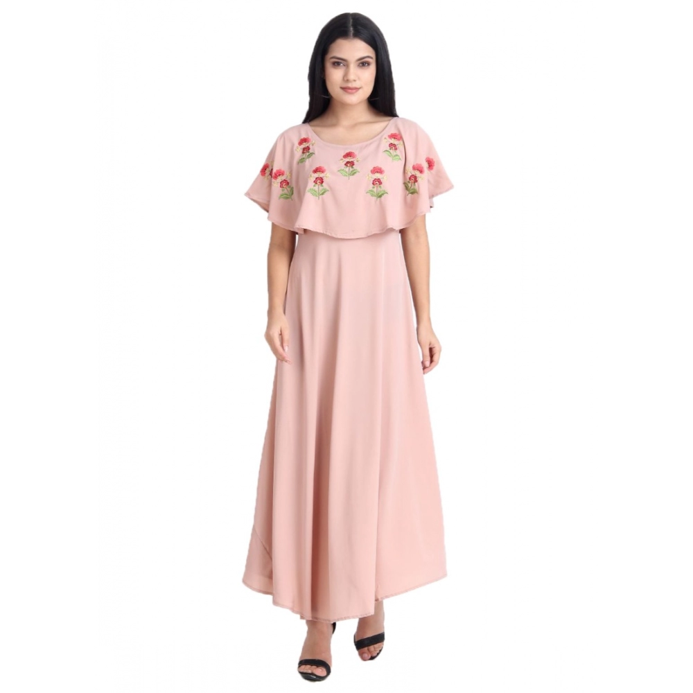 Generic Women's Crepe Embroidery Pattern Sleeveless Full Length Gown(Pink)