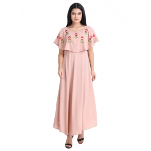 Generic Women's Crepe Embroidery Pattern Sleeveless Full Length Gown(Pink)