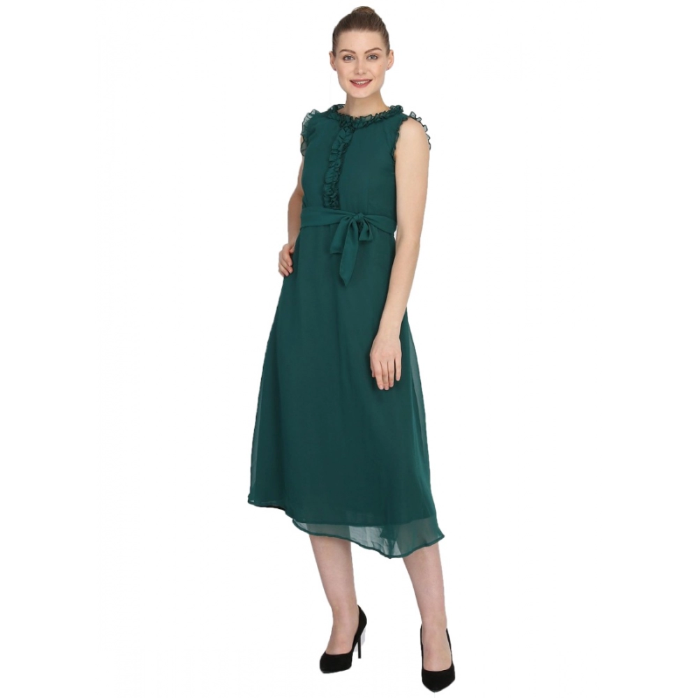 Generic Women's Georgette Solid Sleeveless Full Length Gown(Green)