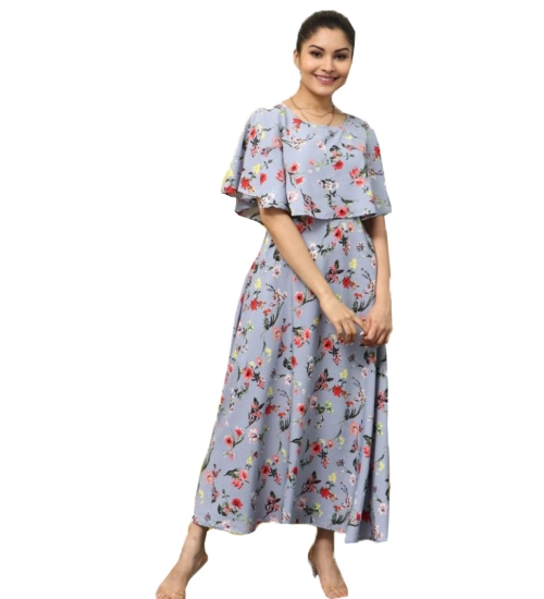 Women's Crepe Floral Half Sleeves Full Length Gown(Light Grey)