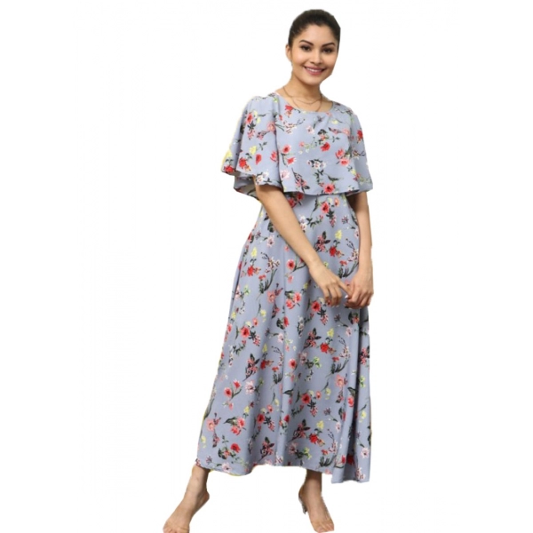 Dropship Women's Crepe Floral Half Sleeves Full Length Gown(Light Grey)