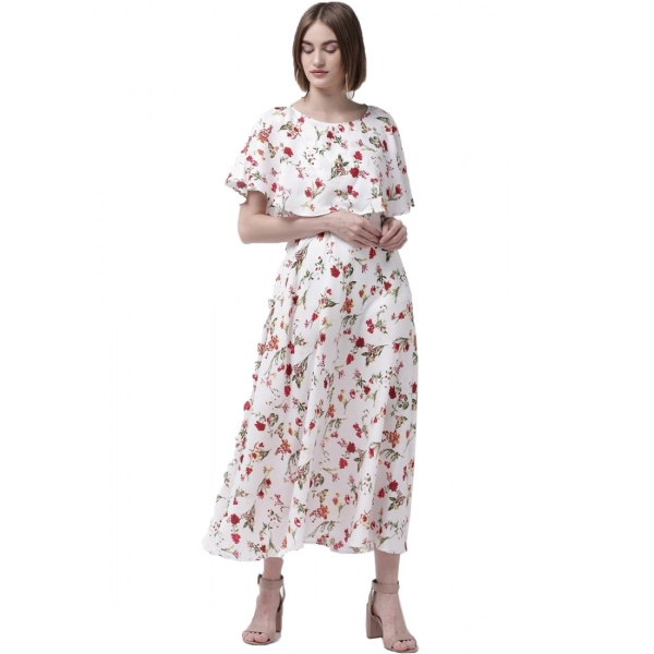 Dropship Women's Crepe Floral Half Sleeves Full Length Gown(White)