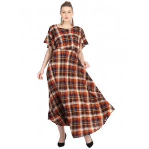 Generic Women's Crepe Checked Half Sleeves Full Length Gown(Multi)