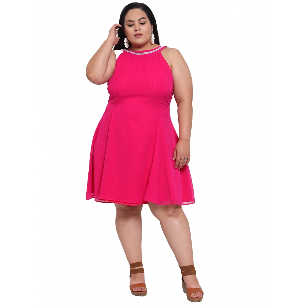 Generic Women's Georgette Solid Knee Length Fit and Flare Dress (Pink)