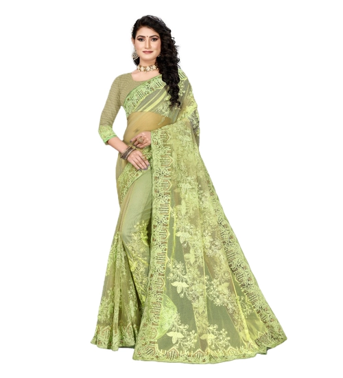 Women's Net Saree With Blouse (Pista Green, 5-6Mtrs)
