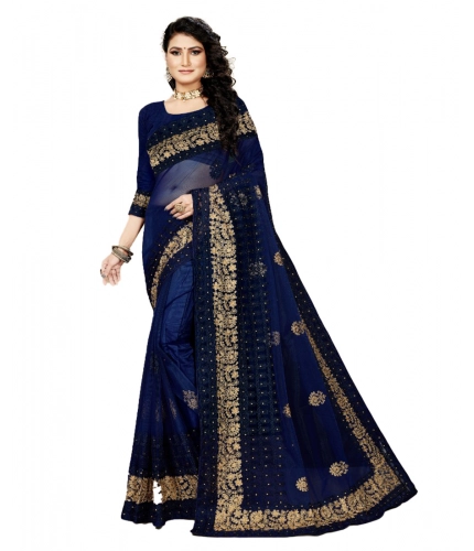 Women's Net Saree With Blouse (Navy Blue, 5-6Mtrs)