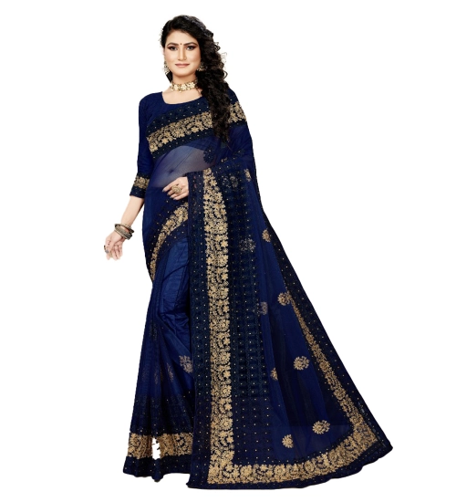 Women's Net Saree With Blouse (Navy Blue, 5-6Mtrs)