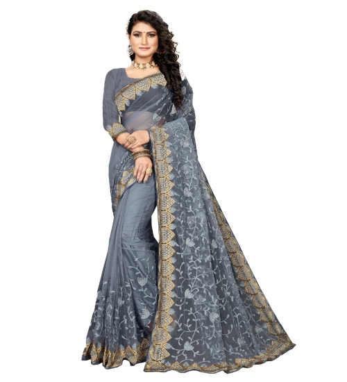 Women's Net Saree With Blouse (Grey, 5-6Mtrs)