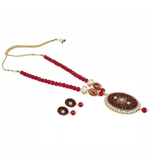 Women's Stylish Maroon Golde Plated Traditional Kundan Necklace Set with Earrings (Color: Red)