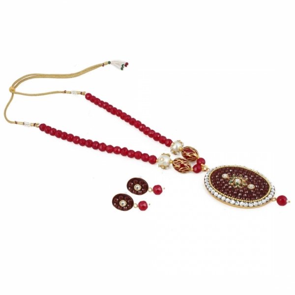 Dropship Women's Stylish Maroon Golde Plated Traditional Kundan Necklace Set with Earrings (Color: Red)