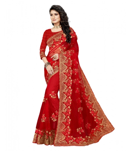 Women's Net Saree With Blouse (Red, 5-6Mtrs)