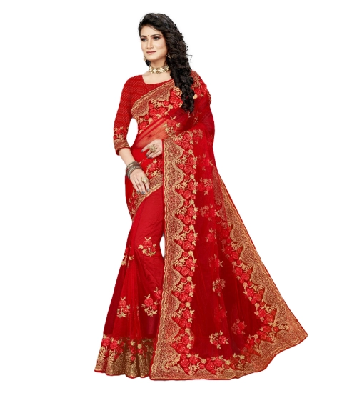 Women's Net Saree With Blouse (Red, 5-6Mtrs)