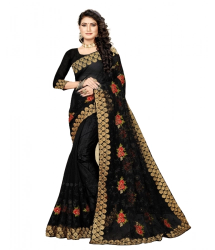 Women's Net Saree With Blouse (Black, 5-6Mtrs)