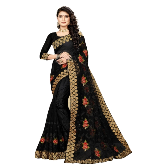 Women's Net Saree With Blouse (Black, 5-6Mtrs)