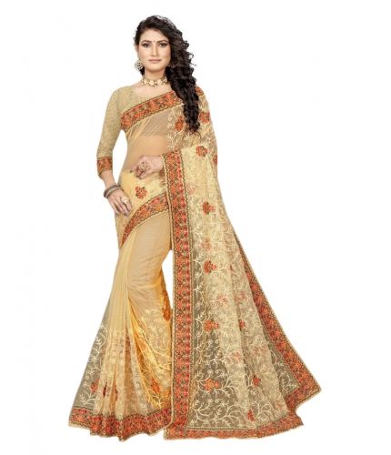 Women's Net Saree With Blouse (Chiku, 5-6Mtrs)