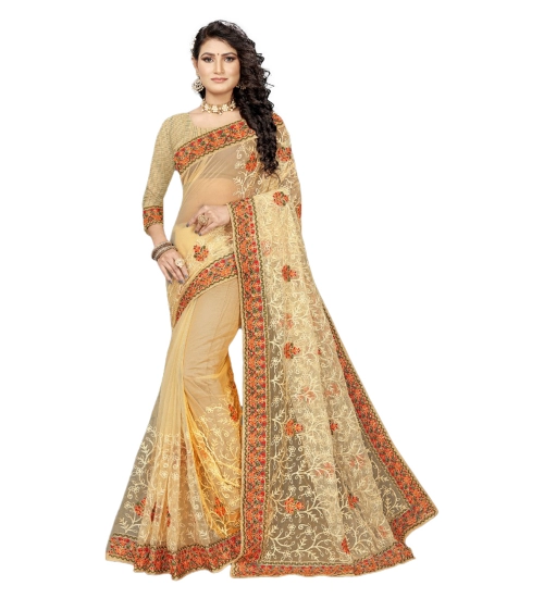 Women's Net Saree With Blouse (Chiku, 5-6Mtrs)