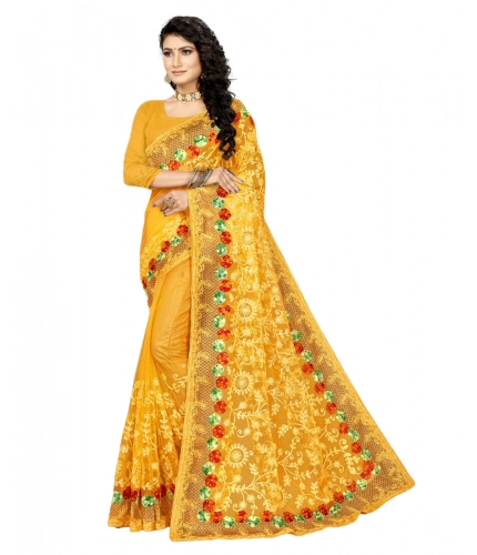Women's Net Saree With Blouse (Yellow, 5-6Mtrs)