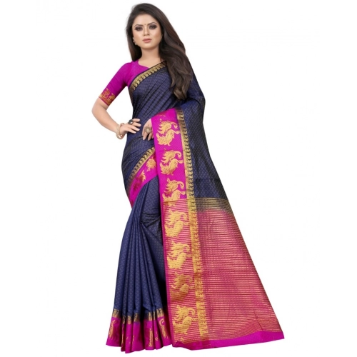 Generic Women's Kanjivaram Silk Saree With Unstitched Blouse Piece (Navy Blue, 5-6 Mtrs)