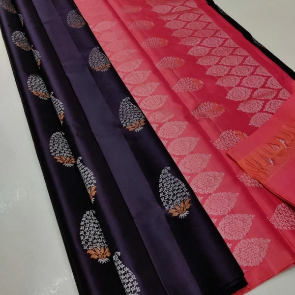 Dropship Women's Borderless Kanjivaram Silk Sarees With Unstitched Blouse (Purple)