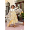 Dropship Women's Cotton Blend Printed Work Kurti With Bottom And Dupatta Set (Yellow)