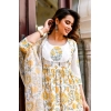 Dropship Women's Cotton Blend Printed Work Kurti With Bottom And Dupatta Set (Yellow)