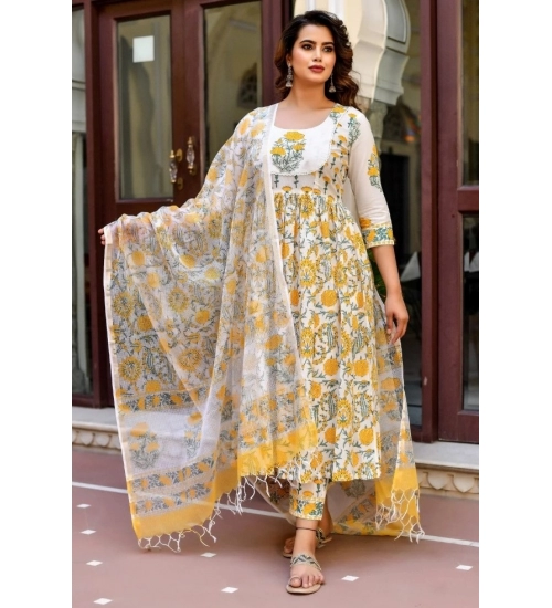 Women's Cotton Blend Printed Work Kurti With Bottom And Dupatta Set (Yellow)