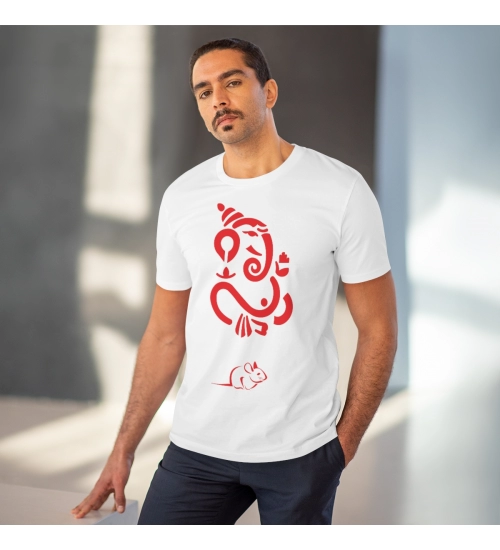 Men's PC Cotton Ganesh Printed T Shirt (Color: White, Thread Count: 180GSM)