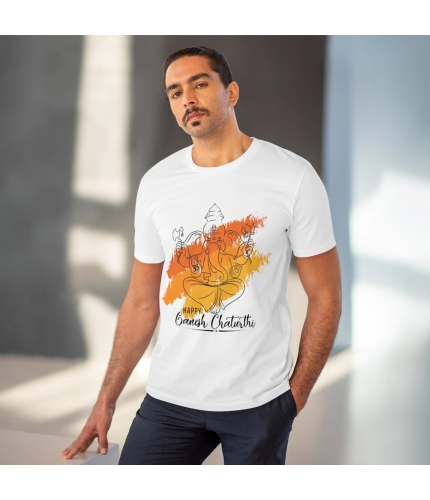 Men's PC Cotton Ganesh Printed T Shirt (Color: White, Thread Count: 180GSM) Men's PC Cotton Ganesh Printed T Shirt (Color: White, Thread Count: 180GSM)