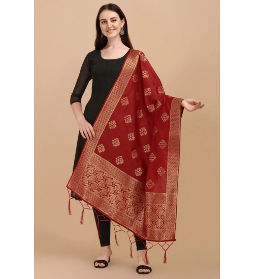Women's Silk Pure Zari weaving Duppatta (Maroon, Length: 2-2.3 Mtrs)