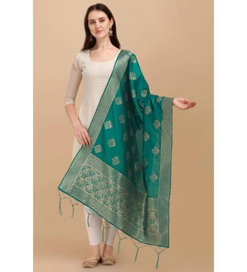 Women's Silk Pure Zari weaving Duppatta (Green, Length: 2-2.3 Mtrs)