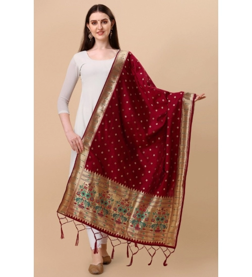 Women's Silk Pure Zari weaving Duppatta (Maroon, Length: 2-2.3 Mtrs)