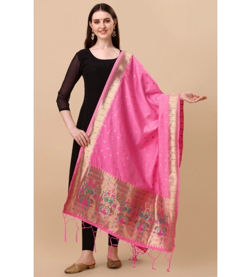 Women's Silk Pure Zari weaving Duppatta (Light Pink, Length: 2-2.3 Mtrs)
