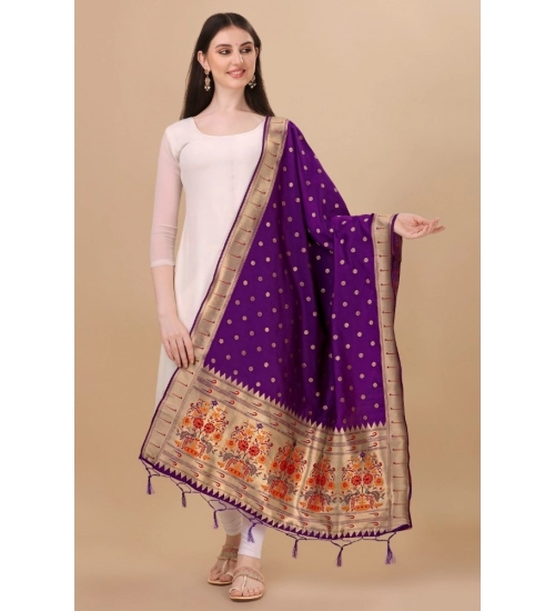 Women's Silk Pure Zari weaving Duppatta (Purple, Length: 2-2.3 Mtrs)