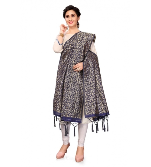 Women's Silk Pure weaving Work Duppatta (Navy Blue, Length: 2-2.3 Mtrs)