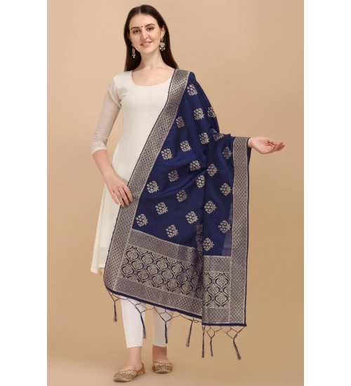 Women's Silk Pure Zari weaving Duppatta (Navy Blue, Length: 2-2.3 Mtrs)