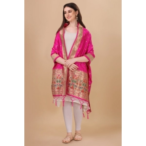 Generic Women's Silk Pure Zari weaving Duppatta (Pink, Length: 2-2.3 Mtrs)